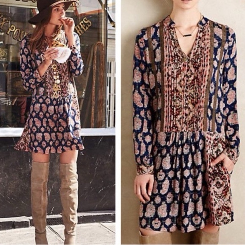 Anthropologie Tiny Paquerette Boho Floral Colorful Cowgirl Shirt Dress Size XS - Picture 1 of 4